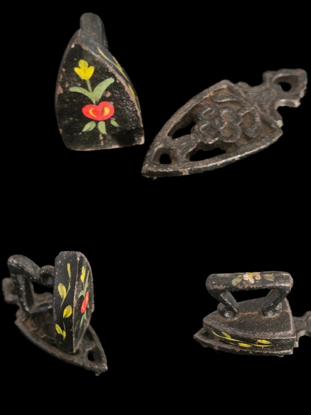 Vintage Miniature Cast Iron Sad Iron & Trivet Stamped 240 S Hand Painted Floral
